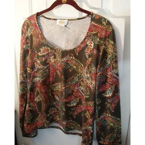 Talbots Large Groovy Paisley Long Sleeve Cotton Blend Hippie Chic Scoop neck
